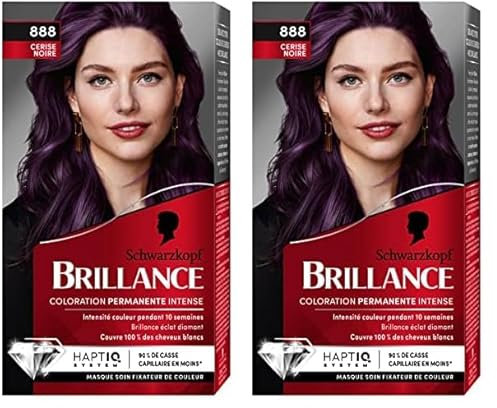 Schwarzkopf - Brillance - Coloration Cheveux Permanente Intense - Brillance Eclat Diamant - Couvre 100% des Cheveux Blancs - Masque Soin Fixateur de Couleur - Cerise Noir 888 (Lot de 2)