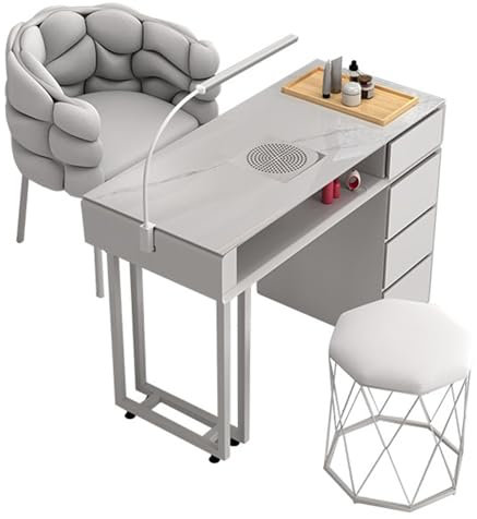 ANFUZUN.RONG Nail Tech Desk Manicure Table Drawers Cabinet,Professional Modern Double Nail Tech Desk w/Electric Dust Collector & LED Lights & Wireless charger,Compact Beauty Salon Spa Workstation