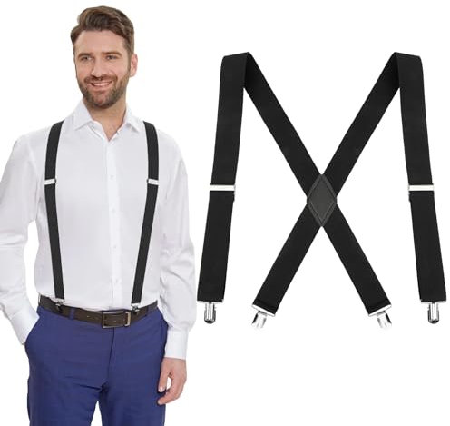 AEYURUID Herren Hosenträger Extra Stark 3,5cm Breit X-Form mit 4 Metall Clips - Elastisch & Verstellbar für Männer Damen Schwarz Ideal für Arbeitshose