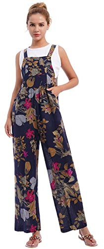 IWEMEK Leinen Overall Jumpsuit Damen Sommer Latzhose Elegant Festlich Strampler f�r Hochzeit Lang Romper �rmellos Druck Sommerhose mit Tr�ger Loose Bib Playsuit mit Taschen Schwarz M