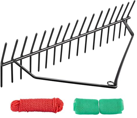 KEMETIK 24 No Assembly Heavy Duty Steel Pond & Lake Rake – Lake Weed Cutter with 30ft Thickened Rope & Net, Aquatic Weed Rake for Reed/Lily/Cattail Removal Cutting Tool