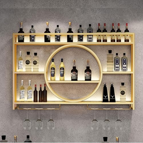 Zanefoo Metall Weinregal Wandmontage mit LED-Barlicht & modulare Weinflaschenhalterung | Industrielles Design für Weinflaschen & Cocktailgläser | Küchenregal(Gold,1.4m)