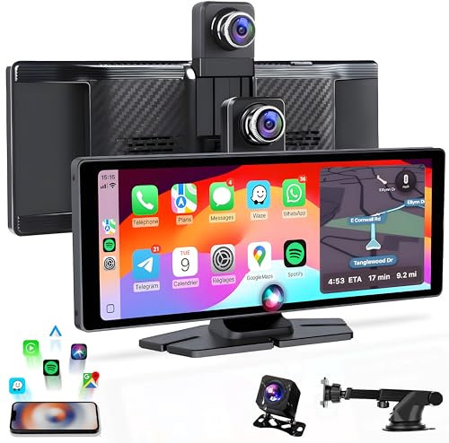 CarByNeVo D4 | Écran CarPlay/Android Auto 10,26″ IPS sans Fil – Dashcam 4K + Caméra 1080p – Autoradio Bluetooth 5.0, Wi-FI, FM/AUX – Carte 64 Go & Ventouse – Plug-and-Play, Garantie 2 Ans