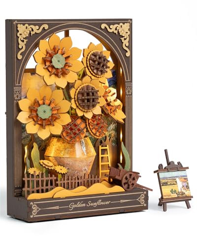ROWOOD 3D Holzpuzzle für Erwachsene Kinder mit LED-Licht, Blumenmodell Bausatz, Tischdekoration, Wandkunst-Dekor, Puzzle Geschenke für Frauen und Männer Sonnenblume TH002