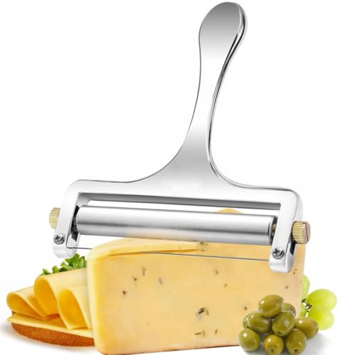 Cheese Slicer & Cheese Cutter - Adjustable Stainless Steel Wire Cheese Cutter with 1 Extra Wires - Cheese Shaver for Mozzarella, Cheddar, Gruyere - Cheese Slicer with Wire (Silver)