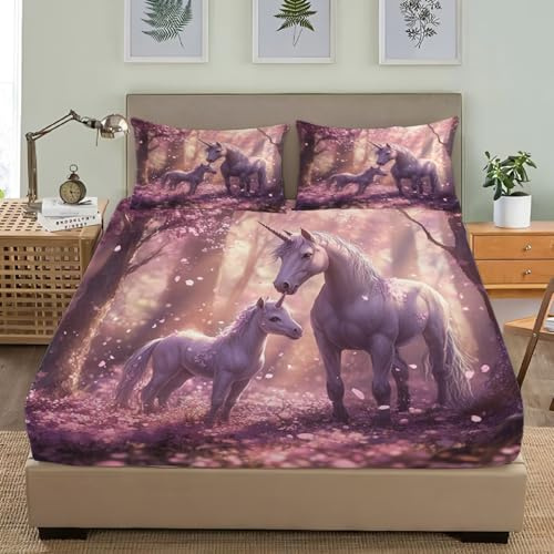 Traumhaftes Einhorn Mikrofaser Spannbettlaken, 3D Drucken Spannbetttuch Tiefe Tasche 30cm, Rosa Bettwäsche-Sets Weiche Atmungsaktivem für Kinder und Erwachsene 90x200 cm