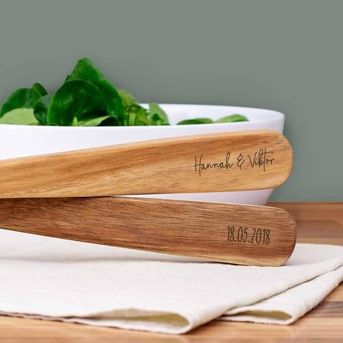 hellomini - Personalisierbares Salatbesteck Set Holz - Graviert - spülmaschinenfest - Salatgabel & Salatlöffel -Geschenkidee zum Geburtstag, Grillabend (Name & Datum)