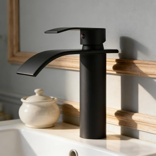 JUNSOTTOR Waterfall Spout Bathroom Sink Mixer Taps,Single Handle Basin Mixer Tap, Lavatory Vessel Faucet,Stainless Steel,Matte Black Vanity Tap