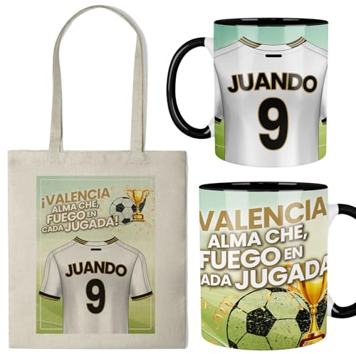 Kembilove® Taza + Bolsa Personalizada de Fútbol con Nombre y Número | Regalo Original para Niños, Niñas y Adultos | Set Personalizado Futbolero para Aficionados, Equipos y Cumpleaños (Valencia)