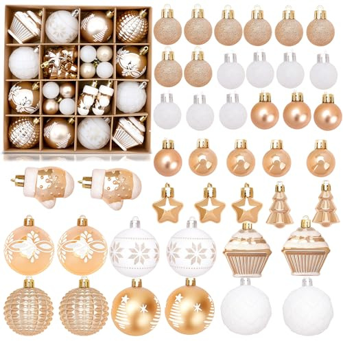 42 bolas blancas y doradas para decoración de árbol de Navidad, adornos de bolas de Navidad con cuerdas, bolas de Navidad colgantes para árbol de Navidad, tejo nuevo, decoración de fiesta