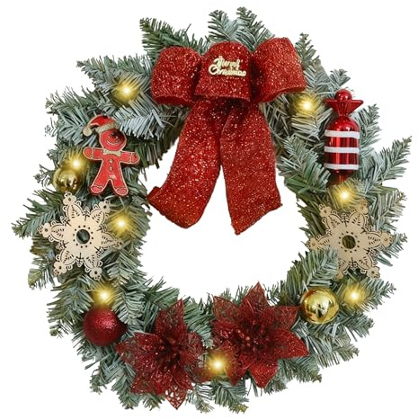 Kertaym Weihnachtskranz Haustür Künstlich mit 30 LEDs Timer Pineaus Led Wreath Christmas Batteriebetrieben Weihnachtsdeko für Advent Feste (A)