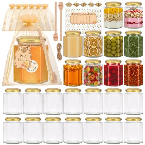 270 ml Hexagon Glass Jars 24Pack with Gold Lids, Airtight for Honey & Jam | Food-Grade Containers, Durable & Reusable, for Chutneys/Pickles, Spices/Herbs, Pantry, Wedding Favors, Fridge/Freezer Safe