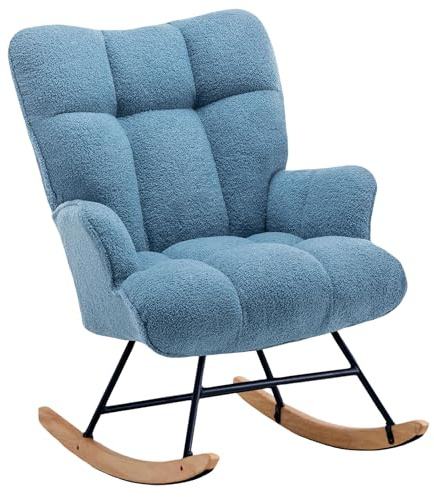 XH.Easy Go Fauteuil à Bascule, Tissu Teddy Peluche, Pieds en Bois d'Hévéa, Chaise d'Accent pour Nourrisserie, Salon, Chambre, Bureau(Bleu Clair Teddy)