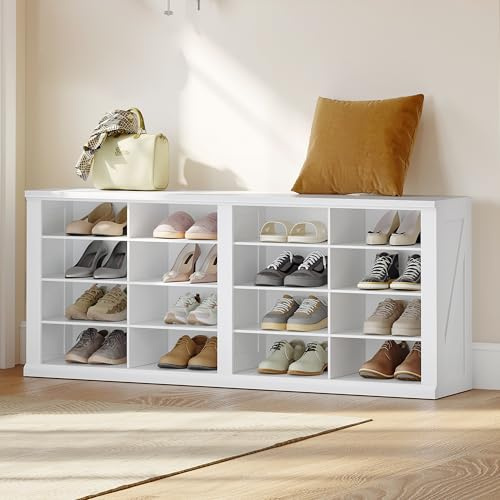 Hzuaneri Schuhbank mit Sitzfläche, 16 Fächer, Weiß, 30 x 104 x 60,5 cm | Schuhbank, Sitzbank mit Stauraum, Geeignet für Wohnzimmer, Flur, Eingang, Platzsparend, SB24603X