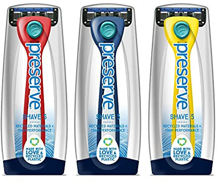 PRESERVE Ecological Razor with 5 Blades - Handle Made from 90% Recycled Yogurt Pots - Navy, Red, Yellow