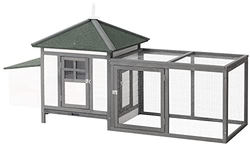 PawHut 77 Wooden Chicken Coop with Nesting Box, Cute Outdoor Hen House with Removable Tray, Ramp Run, for Garden Backyard, Gray