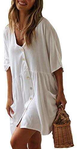 PANAX Damen Baumwolle Strandkleid Einreiher Strandponcho Weiß