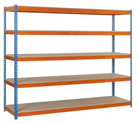 Simon Rack Étagère Charge Lourde 2000x1200x600, 5 Niveaux en Bois, 400 kg par Niveau, Structure Acier, Bleu/Orange/Bois - Ecoforte