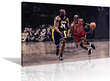 NBA Wandkunst – Kobe Bryant VS legendärer Basketballspieler von Bulls Basketball-Poster, Kunstwerk, Leinwanddruck, NBA Legende Wanddekoration, Gemälde, gerahmt, fertig zum Aufhängen