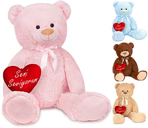 BRUBAKER XXL Teddybär Seni Seviyorum - 100 cm Stofftier Rosa mit Herz und Schleife - Plüschtier Kuscheltier