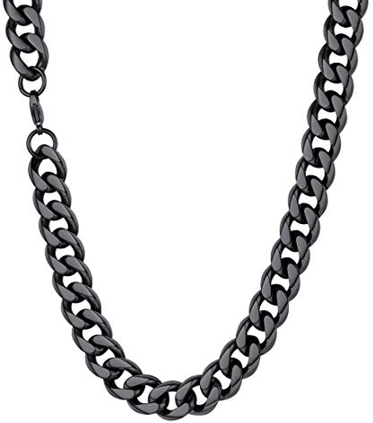 U7 Damen Kette Collier schwarz Edelstahl 46cm Panzerkette Halskette 12mm breit kubanische Gliederkette Hip Hop Link Necklace Modeschmuk Accessoire für Frauen Jungen