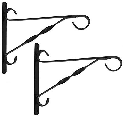 FLORALCRAFT Metal Hanging Basket Wall Brackets with Twist (Pack of 2) - Powder Coated Black | Heavy Duty, Weather Resistant, Stylish Garden Plant Hanger Hooks