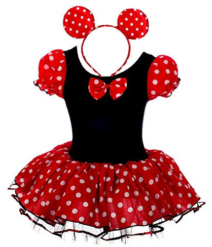 Lito Angels Minnie Mouse Costume Fancy Dress Up with Mouse Ears Hair Hoop for Baby Girls, Halloween Birthday Party Mini Red Polka Dot Tutu Skirt, Age 6-12 Months