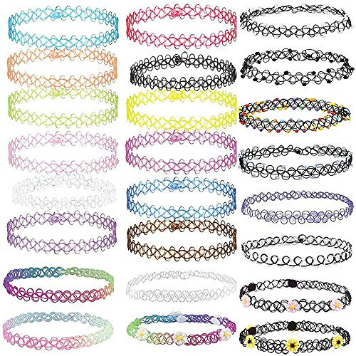 Choker Halskette,Henna Halskette Choker Gothic Tattoo Kette mit Anhanger Mädchen Choker Stretch Choker Set (24 Stück)