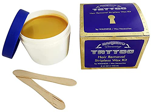 Waxness Barbero Grooming Tattoo Streifenloses Mikrowellen-Wachs Set zur Haarentfernung 250 ml - Microwavable Hair Removal Stripless Wax Kit - Wachs für empfindliche Haut, inklusive Holzspatel