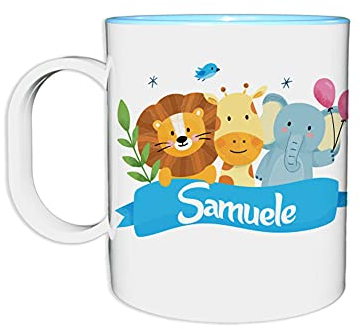 Fupies Tazza in plastica personalizzata con nome party con gli animali, Azzurro