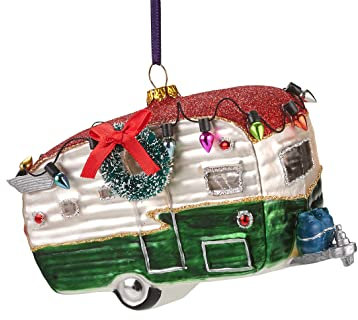 Gift Company Christbaumschmuck - Vintage Wohnwagen Glas Ornament, Hängend, 8,5 cm, Grün, Rot, Weihnachten & Geburtstag