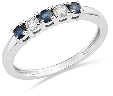 MIORE Schmuck Damen 0.13 Ct Diamant Ewigkeitsring mit 3 Edelsteine/Geburtssteine blaue natürliche Saphire und 2 Diamanten Brillanten Ring aus Weißgold 9 Karat/ 375 Gold