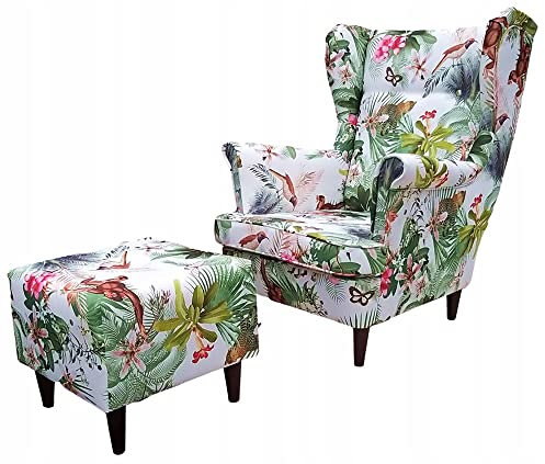Family Meble Ohrensessel mit Hocker, Modell Print, Skandinavisch, Relaxsessel aus Webstoff, Loungesessel, Ohrensessel mit Hocker, Bequemer Sessel, Für Wohnzimmer, Esszimmer, Schlafzimmer, Dachte 1