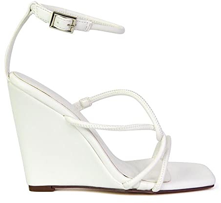 ESSEX GLAM Womens Ankle Strap Sandals Ladies Wedge Heel Square Toe Strappy Summer Shoes Size White Pu