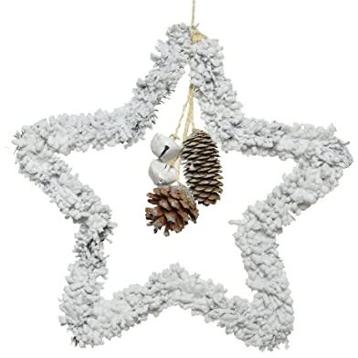 Kaemingk Weihnachtsschmuck Kunststoff Stern 28cm beschneit mit Zapfen Glocken Weihnachtsschmuck Deko weiß