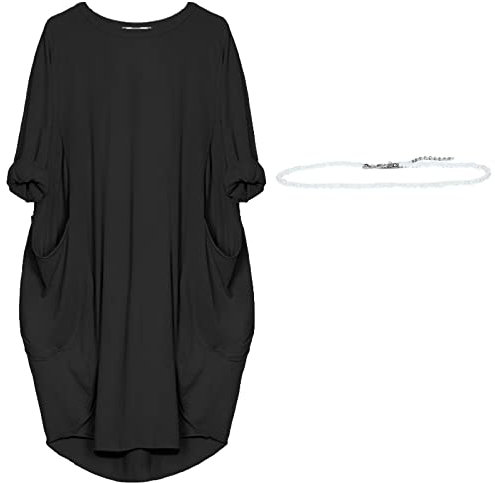 aromm Damen T Shirts Rundhalsausschnitt Kleid Lose Einfach Lässig Übergröße Midi Longshirt mit Taschen Schwarz,XXL