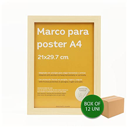 Nacnic - Lot de 12 Cadres en Bois MDF Clair et Verre Acrylique | Protection et présentoir de Photos, Feuilles, Affiches, Tableaux et décoration pour Salon, Chambre ou Bureau | A4 (21 x 29,7 cm)