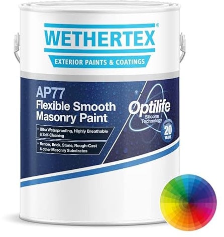 Wethertex AP77 Flexible Smooth Masonry Paint- Multi Surface - Waterproof & Long Lasting Formula - Brilliant White - 5L