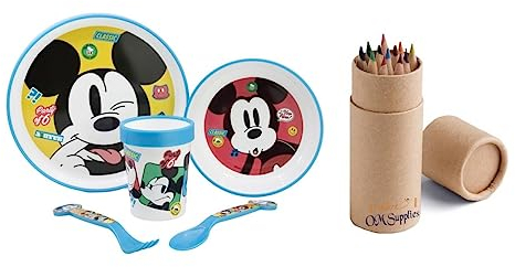 Mickey Mouse Microwave Safe Cartoon Character Non Slip Bicolor Premium Dinner Tableware Set for Children Plate, Bowl, Cup, Spoon, Fork BPA Free re-usable Plastic (Mickey)