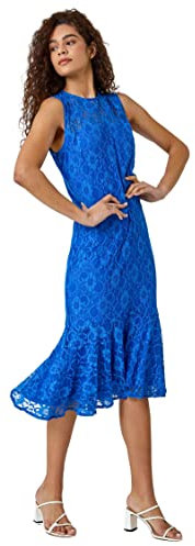 Roman Originals Sleeveless Frill Hem Lace Midi Dress for Women UK - Ladies Everyday Holiday Spring Summer Round Neckline Comfy Soft Evening Vacation Work Party - Plain Royal Blue - Size 18