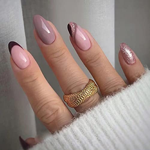 JUSTOTRY 24 Pcs Swirl Stiletto False Nails Medium,Rose French Press on Nails Pattern,Nude Fake Nails Short,Almond Stick on Nail for Women Nail Art