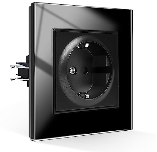 CNBINGO Schuko Steckdose Unterputz mit Krallen, Einzel Steckdose Gehärteter Glasscheibe, Schwarz Schutzkontakt Wandsteckdose, 1-Fach, 16Amp, 250V