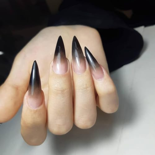 MouyouGlow Press on Nails Long,Stiletto Halloween Nude Gradient Schwarz Gothic Fake Nails mit Nagelkleber,Vampire Ombre Black Künstliche Fingernägel