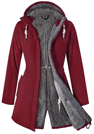 Winterjacke Damen Fleece Gefüttert Warm Wintermantel mit Kapuze Lang | Winddicht Softshelljacke, Dicke Übergangsmantel, Outdoor, Wandern, Herbst, Verstellbarer Bund, 2-Wege-Reißverschluss