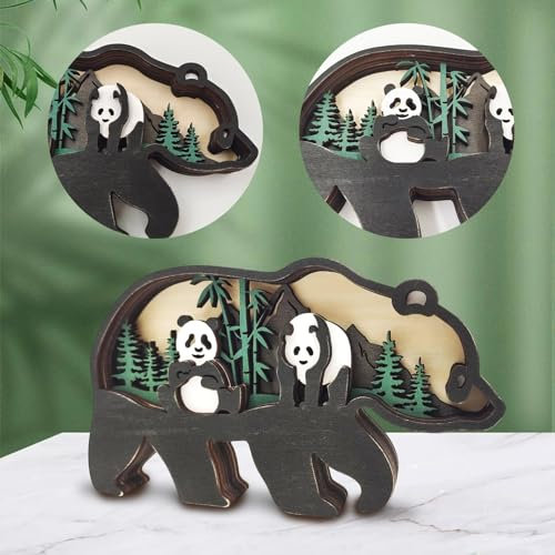 Drawelry 3D Holz Tiere Schnitzerei Skulpturen Ornament, Mehrschichtig Holz Synthese Wald Tier Gravur Regal Statuen Handwerk für Home Büro Desktop Weihnachten Neujahr Festival Dekor (Panda)
