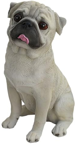POCHY Garten Tier Dekoration, Realistische Mops Hund Sitzend Harz Welpe Skulptur Modell Lebensechte Tier Statue Home Decoration,Weiß