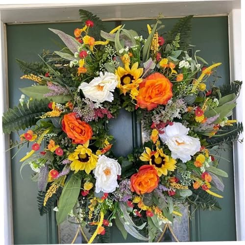Spring Wreaths for Front Door, 40cm/15.7inch Artificial Sunflower Door Wreaths for Front Door Outside All Season, Decorative Door Garland for Home Farmhouse
