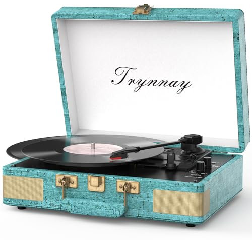 Trynnay Giradischi Bluetooth a 3 marce, lettore portatile in vinile con altoparlanti integrati, giradischi, audio migliorato, pelle cerata, retro blu