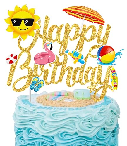 Sommer Happy Birthday Tortendeko, Pool Strand Cake Topper Glänzend Kuchen Deko Torten Topper Kuchendeko Geburtstag für Sommer-Surf Thema Partyzubehör (A)