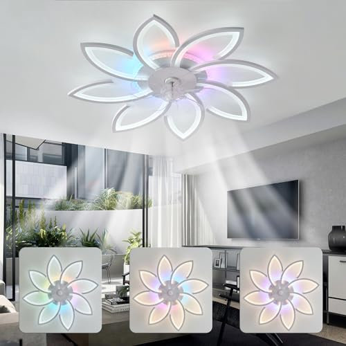 Luyaim 87CM Weißer Blumen-Deckenventilator Mit Licht, Dimmbar RGB Farbwechselndes Modern Fan Lampe Mit Ventilator Mit Fernbedienung/APP DC Motor 6 Geschwindigkeit Für Schlafzimmer Wohnzimmer